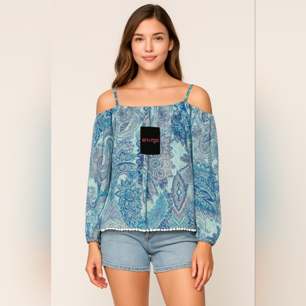 Energie Blue Paisley Off-Shoulder Boho Peasant Top NWT Women’s‎ Size Small